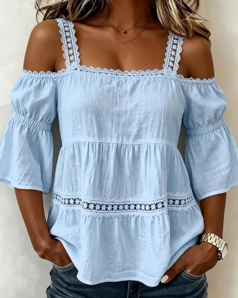 Lace Patchwork Strap Cold Shoulder Blouse