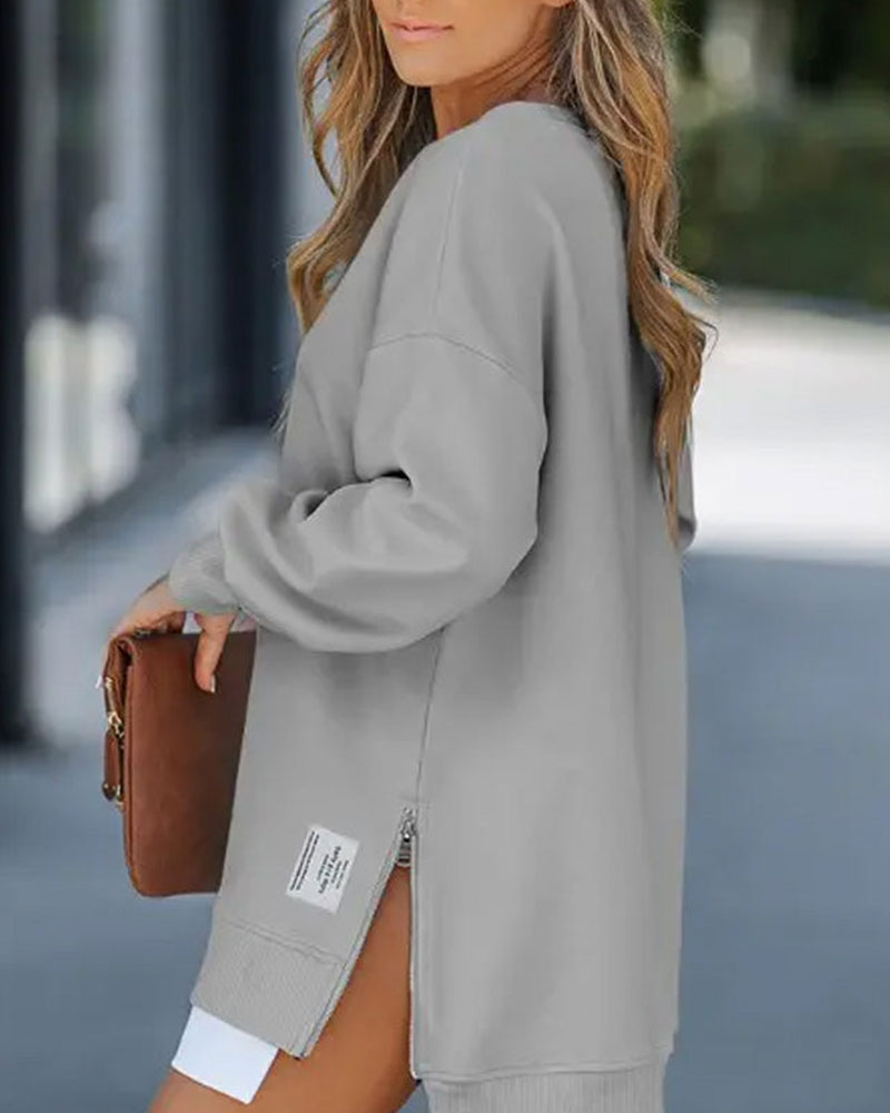 Long Sleeve Pullover Zipper Slit Casual Sweatshirt Dress