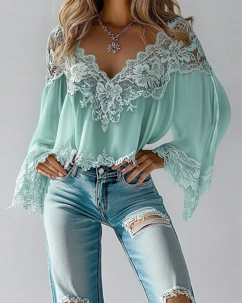 V-Neck Patchwork Loose Long-Sleeved Blouse