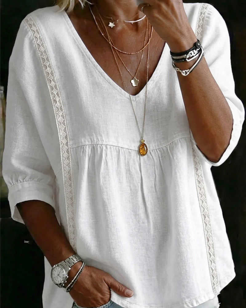 Ruffle Trim V-Neck Elbow-Length Sleeve Blouse