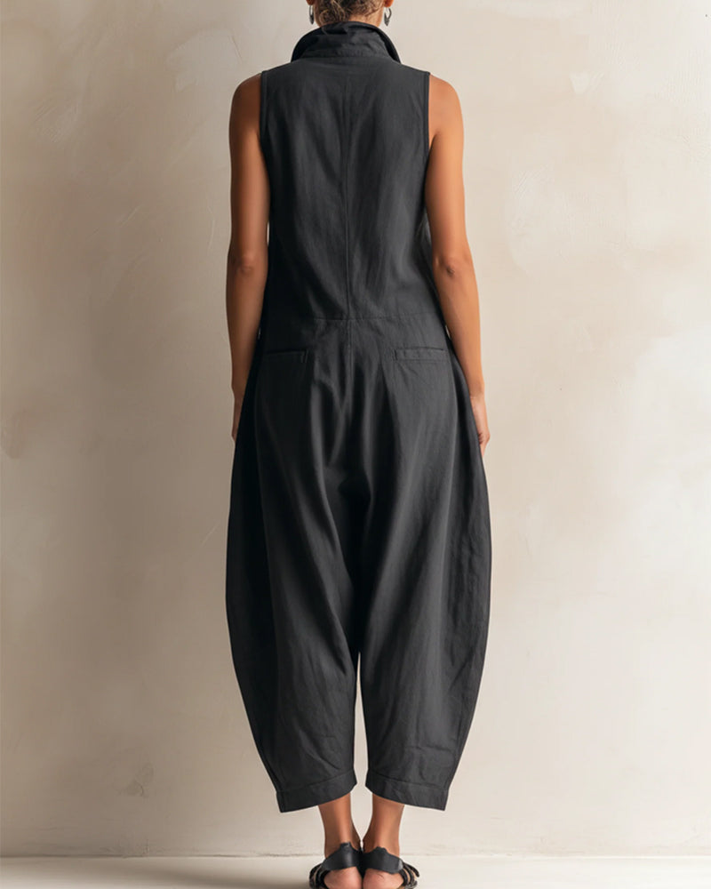 Lapel Sleeveless Pocket Cargo Jumpsuit