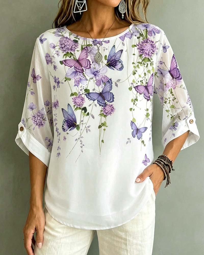 Crew Neck Butterfly Floral Blouse
