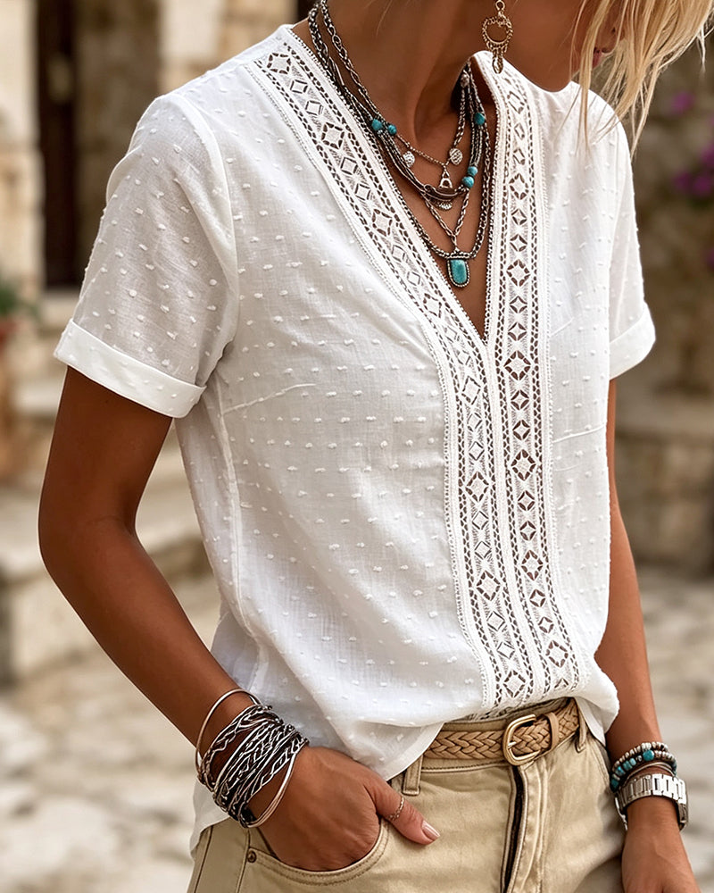 V-Neck Diamond Cutout 3D Floral Solid Blouse