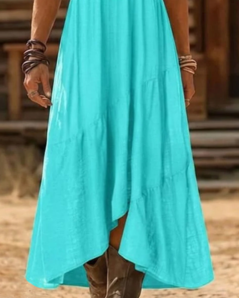 V-Neck High Waist Full Skirt Solid Dress