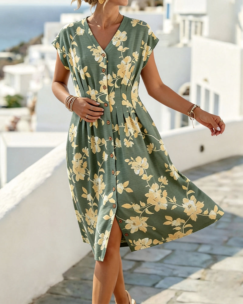 V-Neck Print Cinched Waist Button-Front Dress