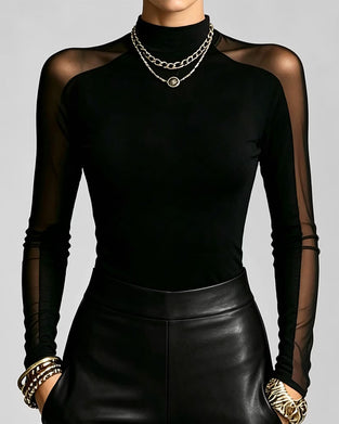 Sheer Mock Neck Slim-Fit Top