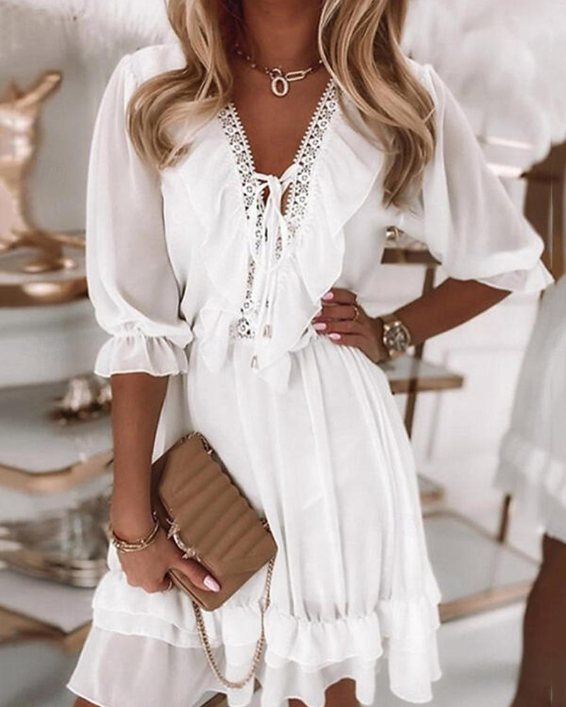 Lace V-neck Ruffle Short Dress