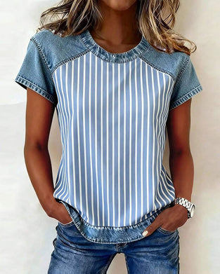 Denim Patchwork Striped Short Sleeve T-Shirt