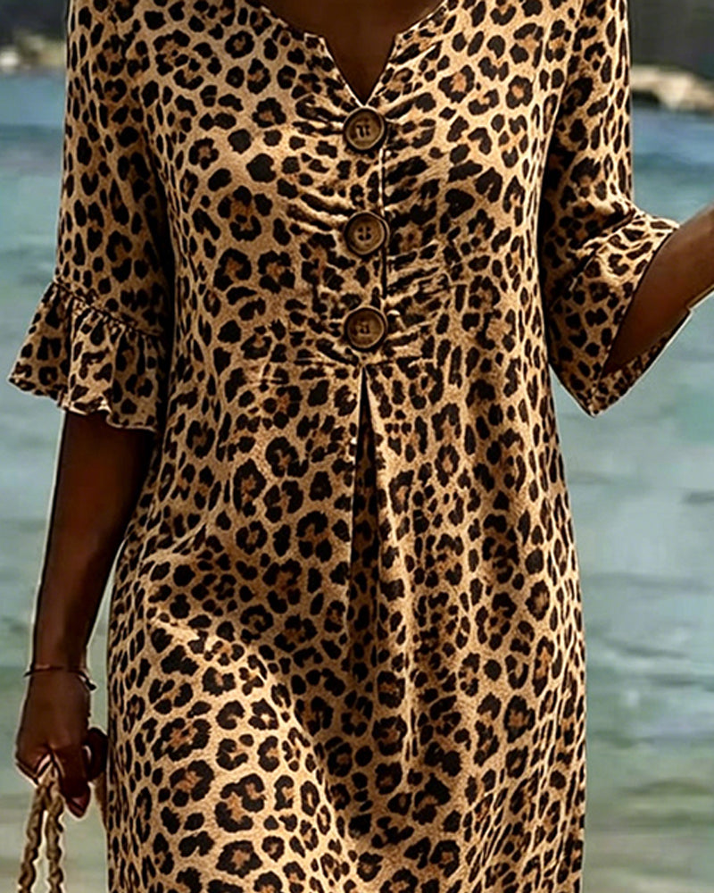 Leopard Print V-Neck Ruffled Dress
