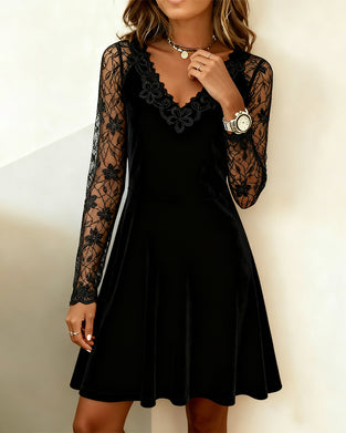 Lace-Trimmed Velvet A-Line Dress