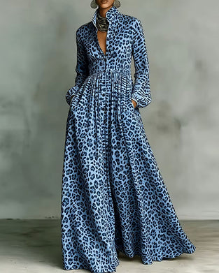 Leopard Lapel Long Shirt Dress