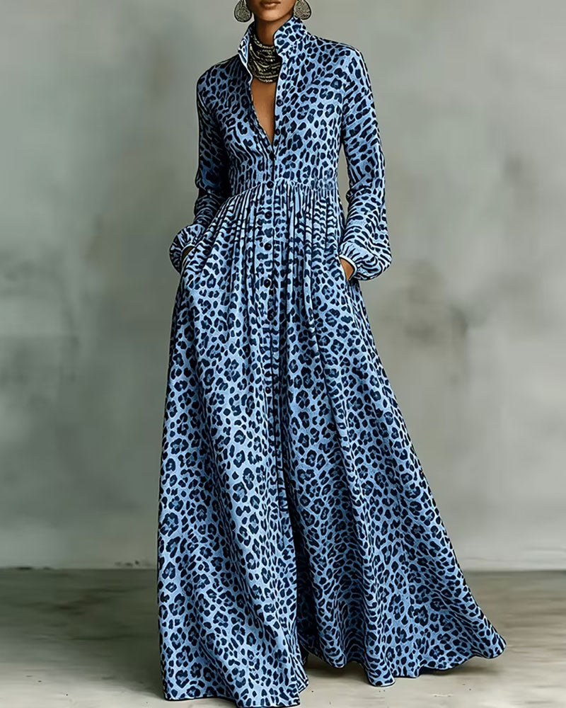 Leopard Lapel Long Shirt Dress