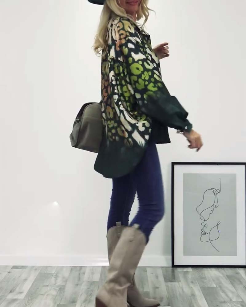 Leopard print lapel casual shirt