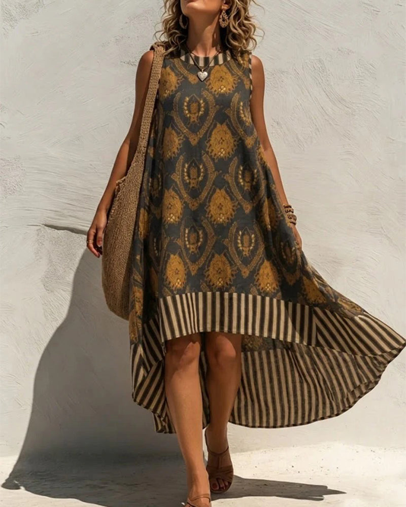 Emblem Print Striped Sleeveless Dress