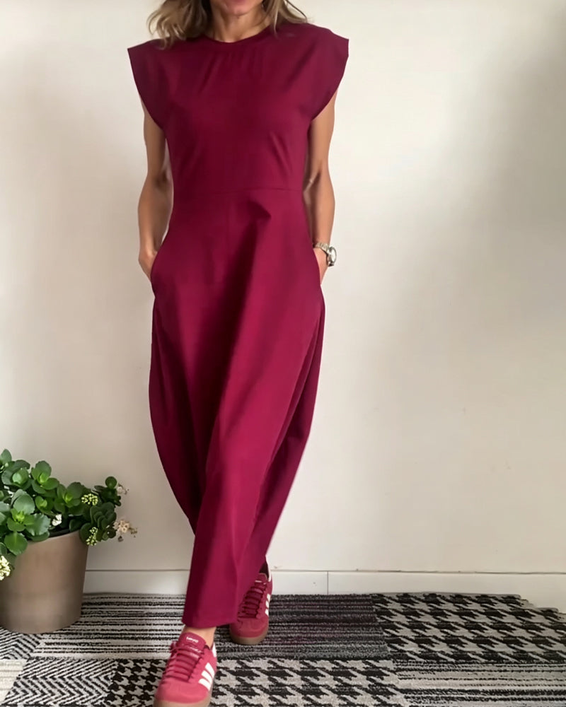 Crew Neck Pocket Solid Dress