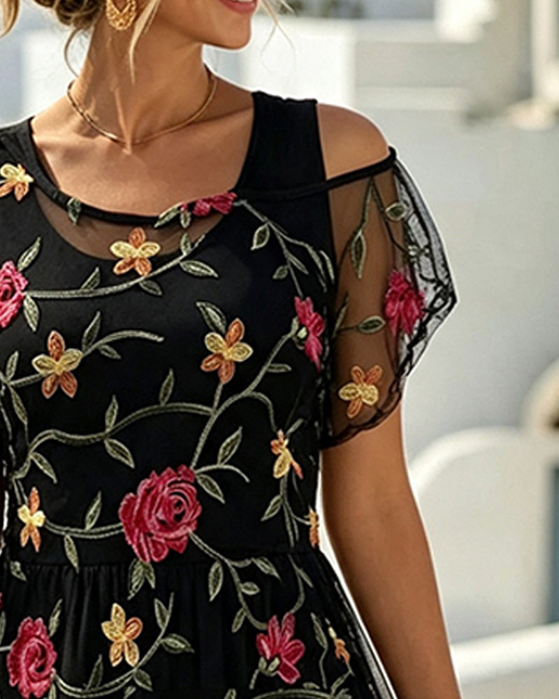 Floral-Print Crew Neck Sheer A-Line Dress