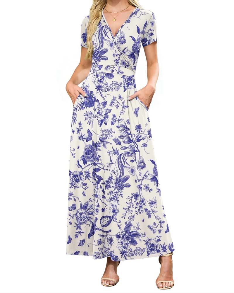 V-Neck Printed Short-Sleeved Dress