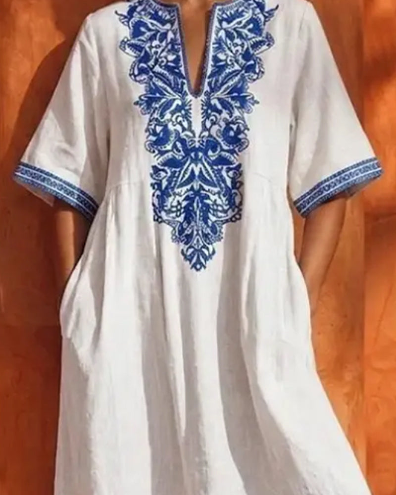 V-Neck Bohemian Full Skirt Pocket Dress