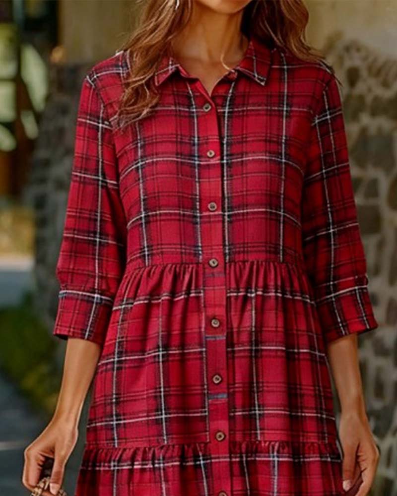 Plaid Seven-Quarter Sleeve Tiered Dress