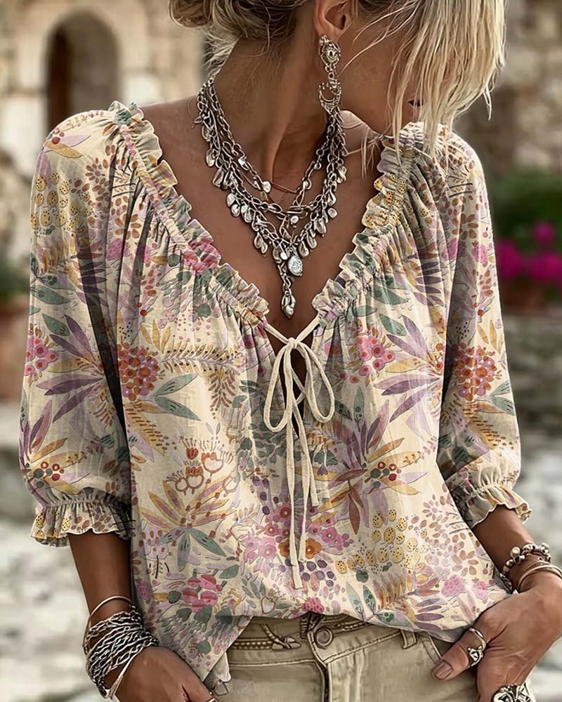 V-Neck Lace Up Blouse