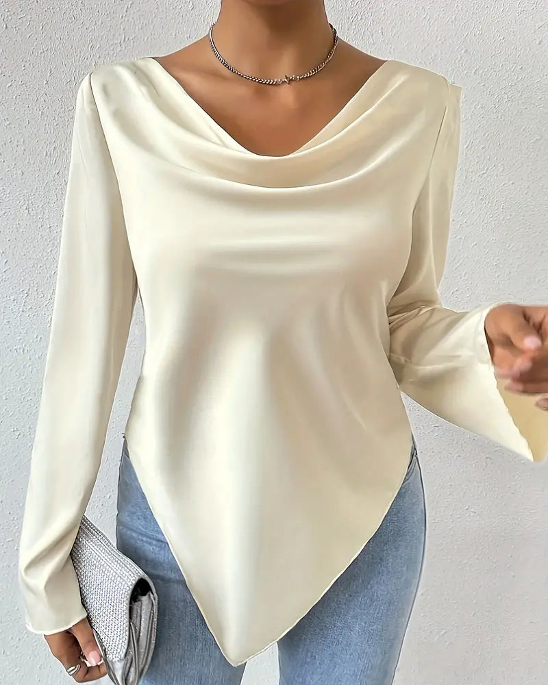 Casual solid color pleated irregular long sleeve blouse