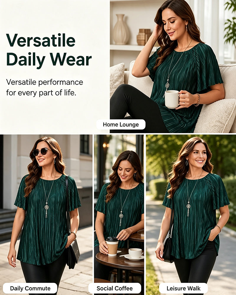 Plus Size Solid Pleated Short Sleeve T-Shirt