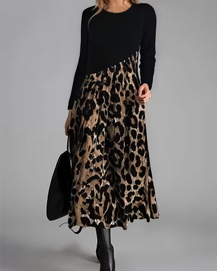 Crew Neck Leopard Full Skirt Dress