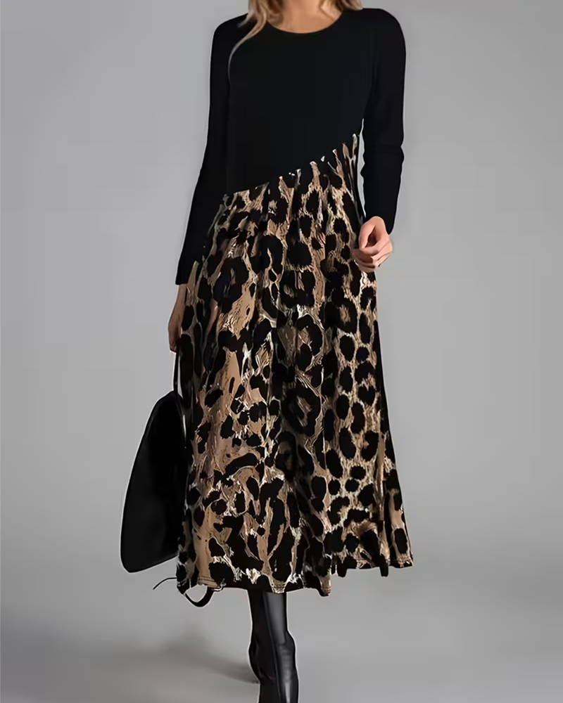 Crew Neck Leopard Full Skirt Dress