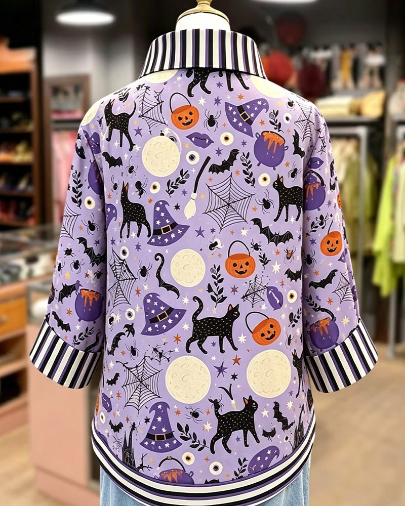 Lapel Button Stripe Halloween Blouse