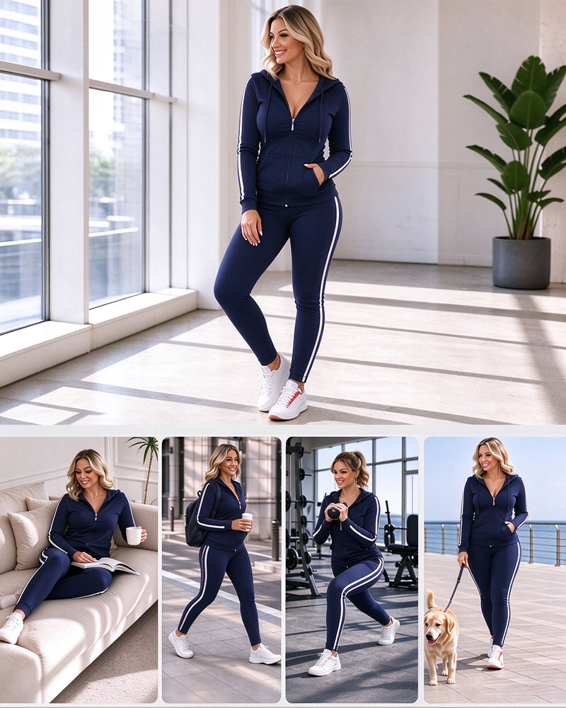 Side Striped Hooded Coat And Sweatpants Sets