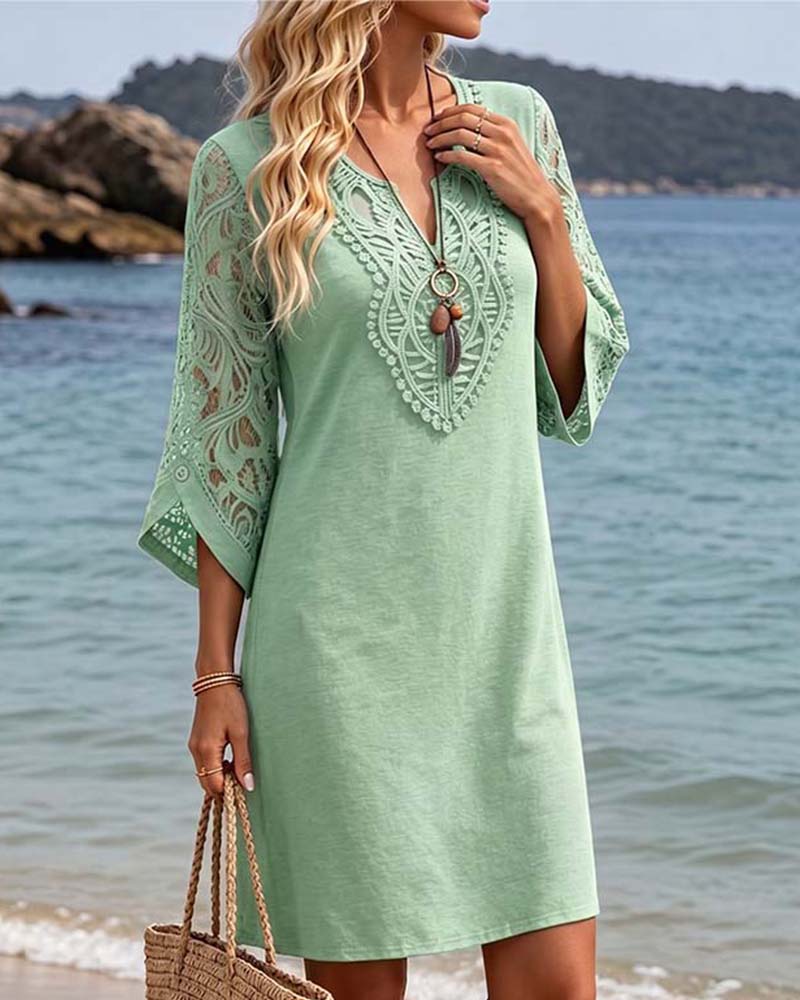 V-Neck Lace Solid Color Dress