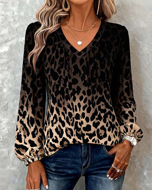 V-Neck Leopard Print Gradient Top