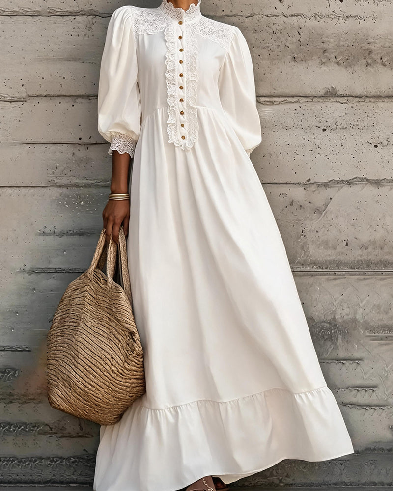 Mock Neck Lace Button Ruffle Dress