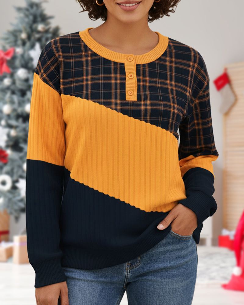 Crew Neck Plaid Color-Block Long-Sleeve Hoodie