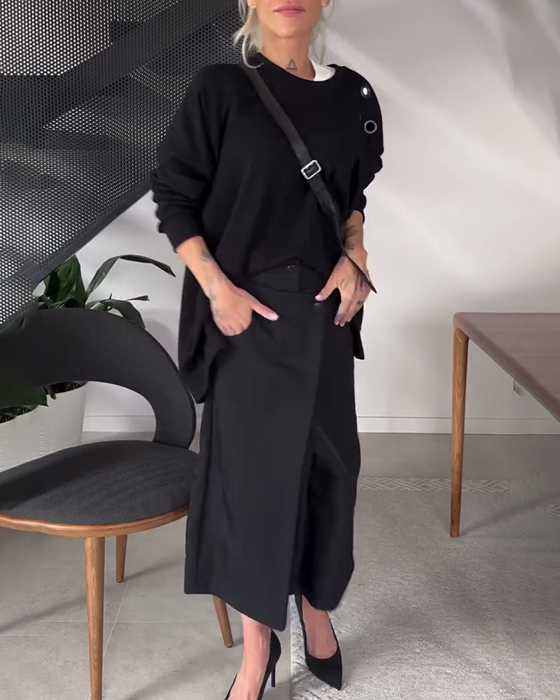 Solid color casual round neck slit sweatshirt