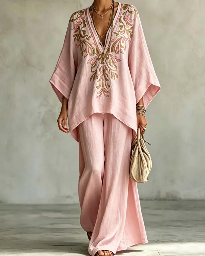 V-Neck Embroidered Wide-Leg Pants Set