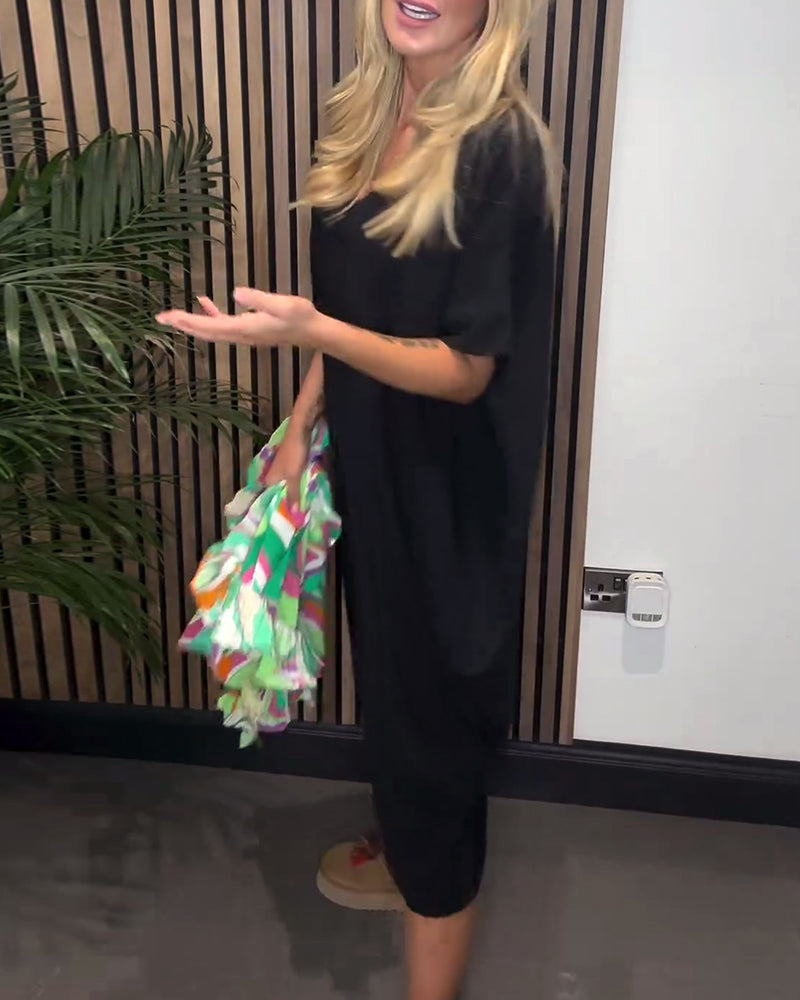 Simple solid color slit V-neck dress