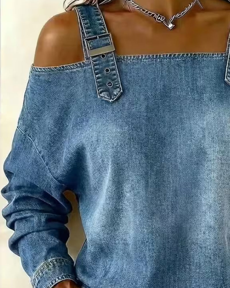 Spaghetti Strap Off-Shoulder Denim Metal Button Blouse