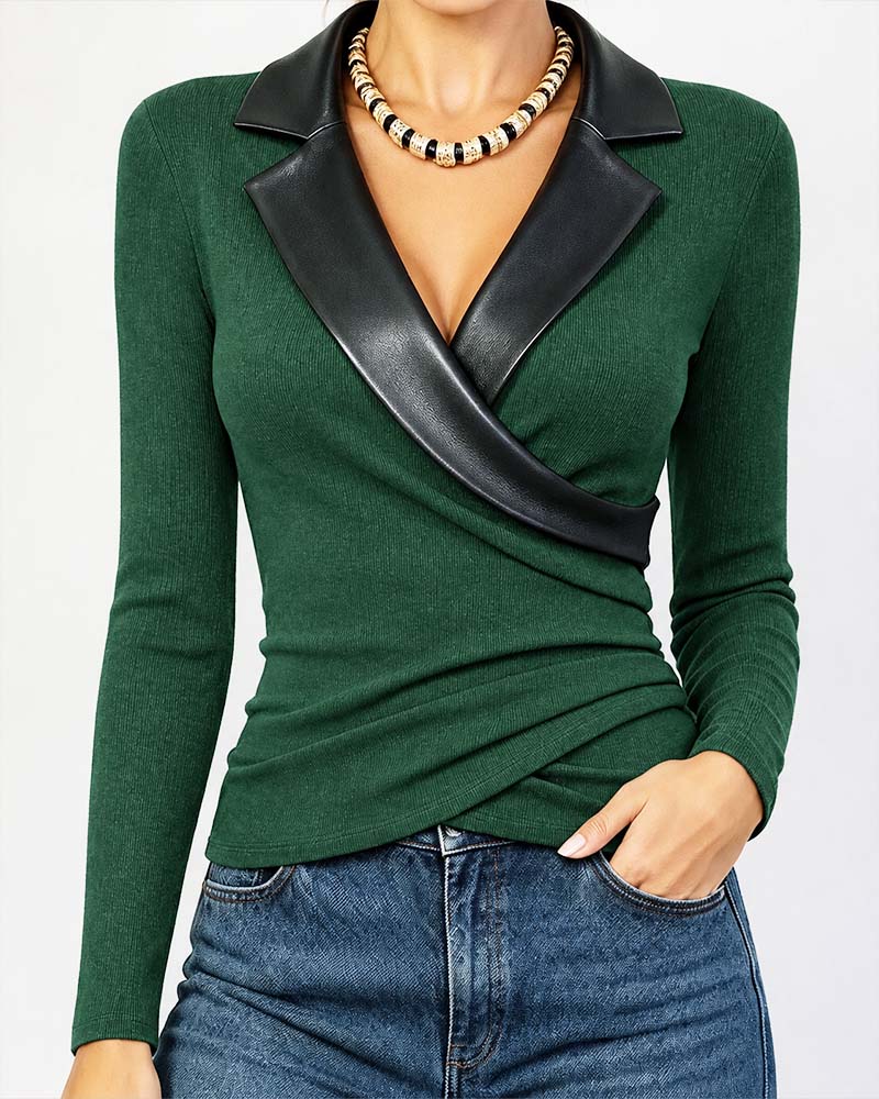 PU Lapel Cross Long Sleeve Top