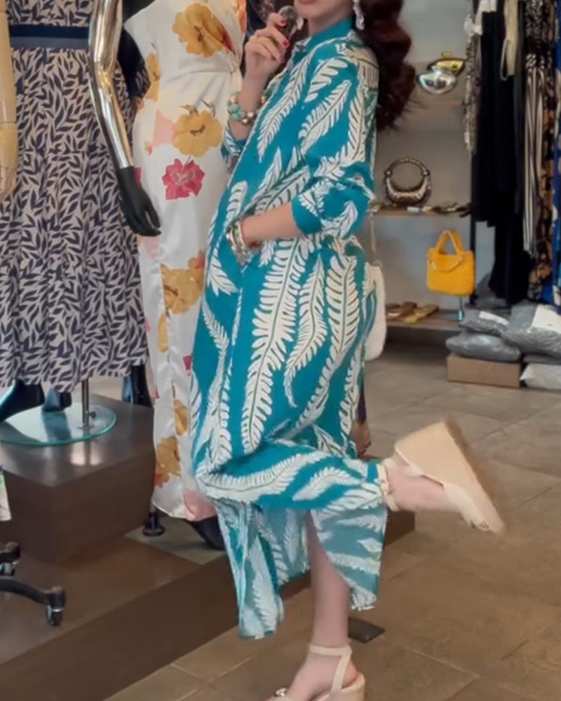 Collared Leaf Print Shirt Dress