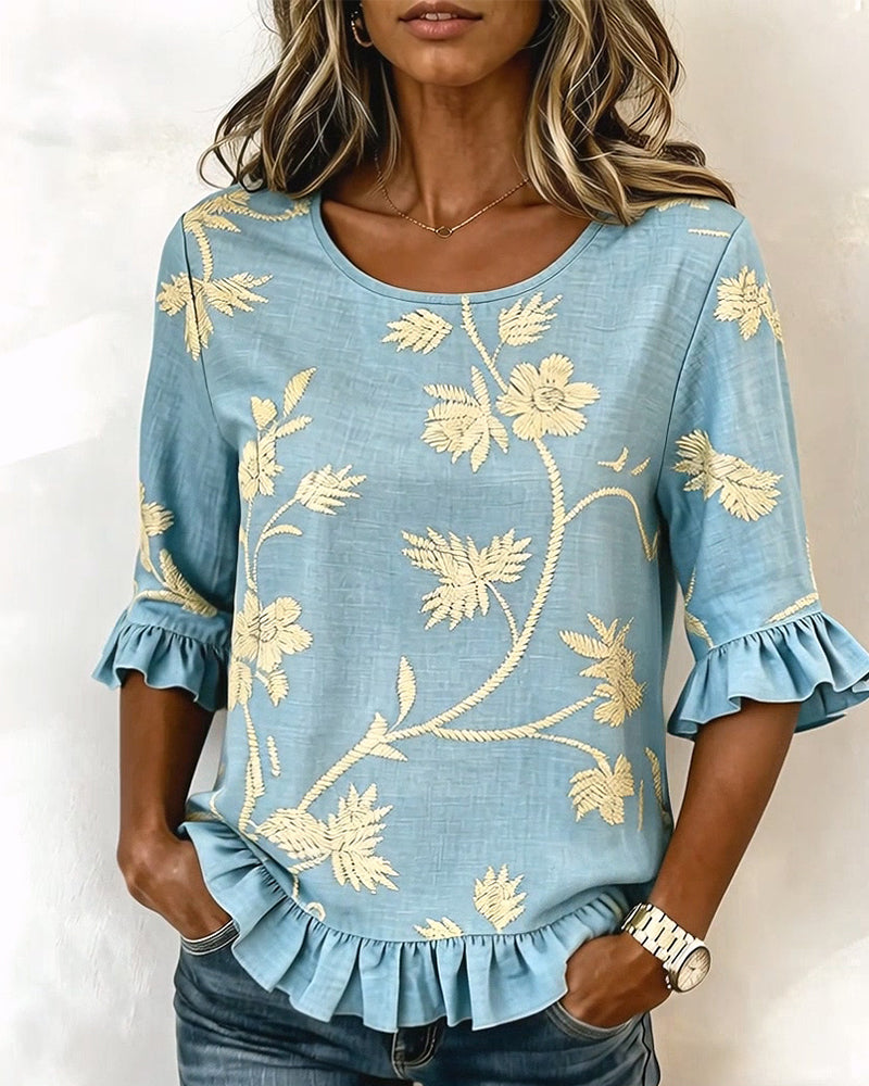 Jasmine Ruffle Round Neck Mid-Sleeve Blouse