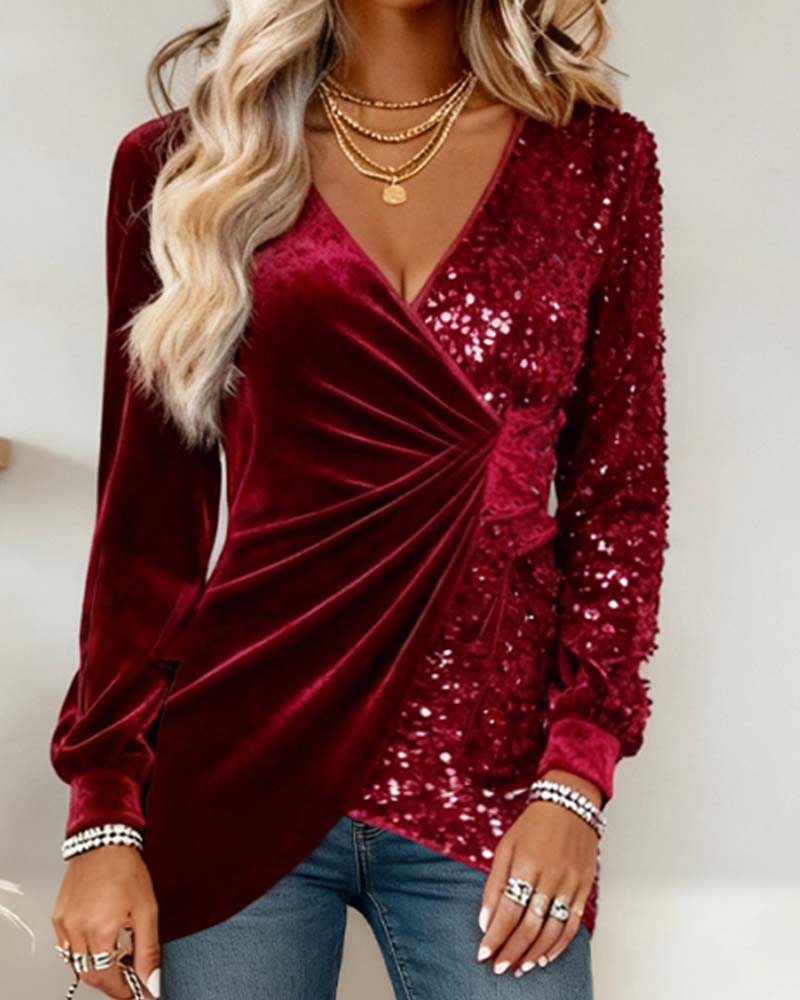 Shirred Cross Design V-Neck Sequin Patchwork Top