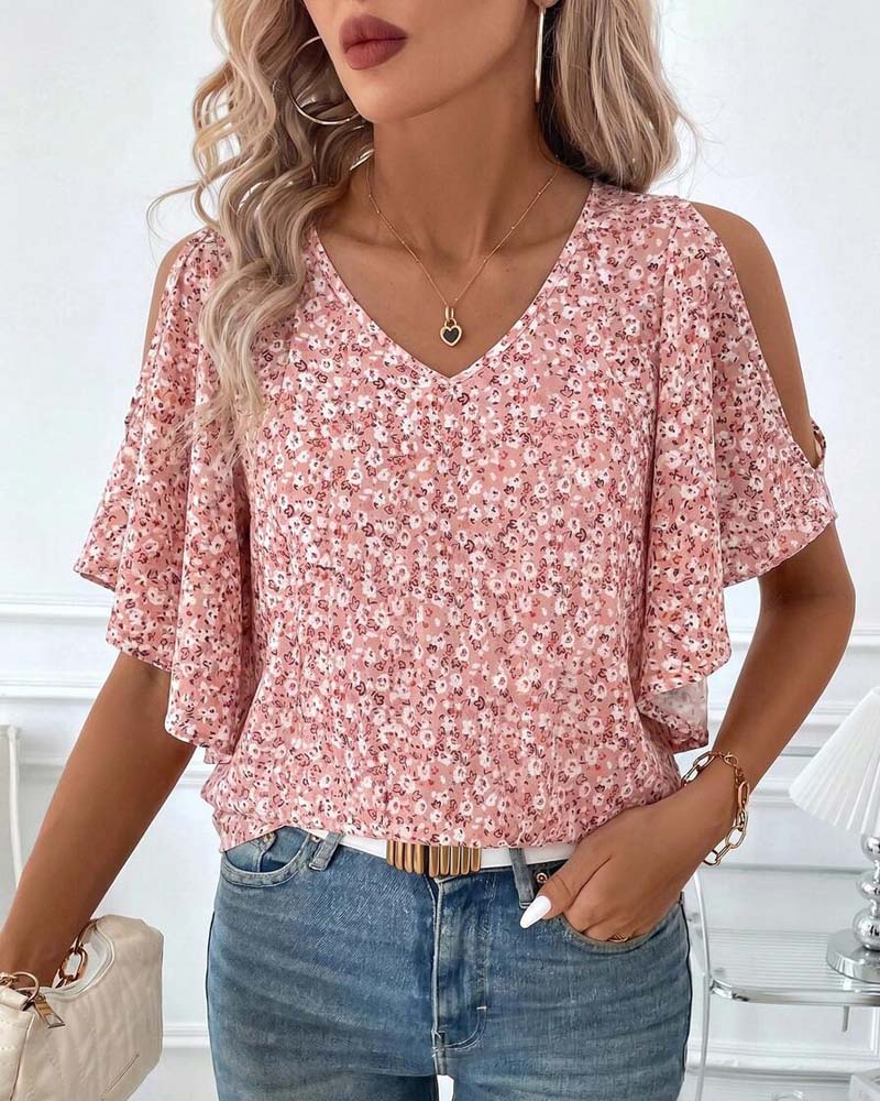 V-Neck Floral Off-Shoulder Flutter Sleeve Blouse