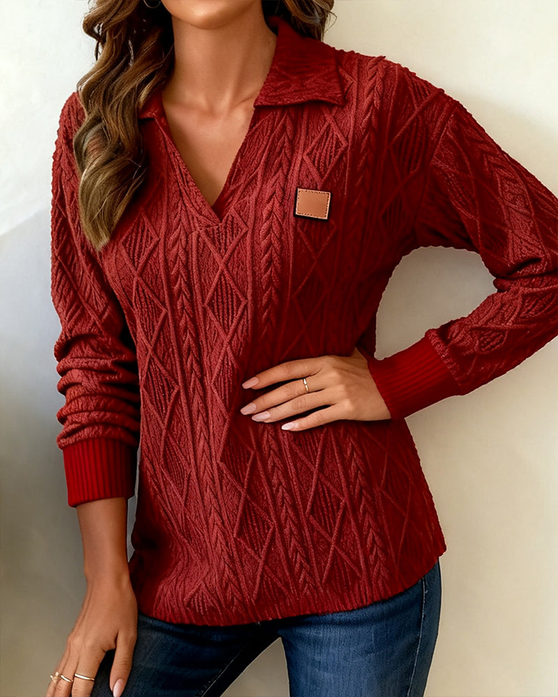 Polo Collar Jacquard Casual Sweatshirt