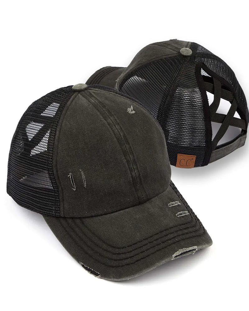 Adjustable Criss-Cross Back Distressed Denim Baseball Cap