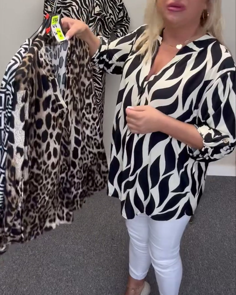 V-neck printed casual blouse