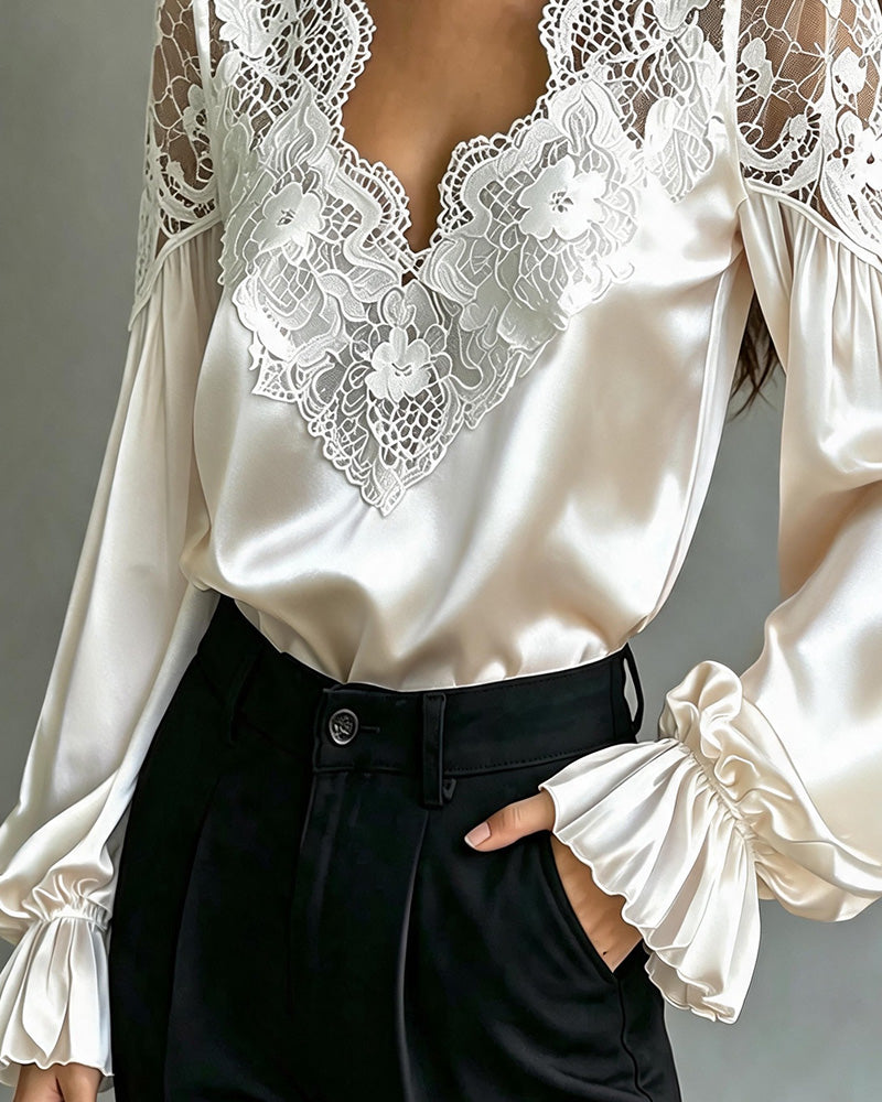 V-Neck Ruffle Lace Cutout Blouse