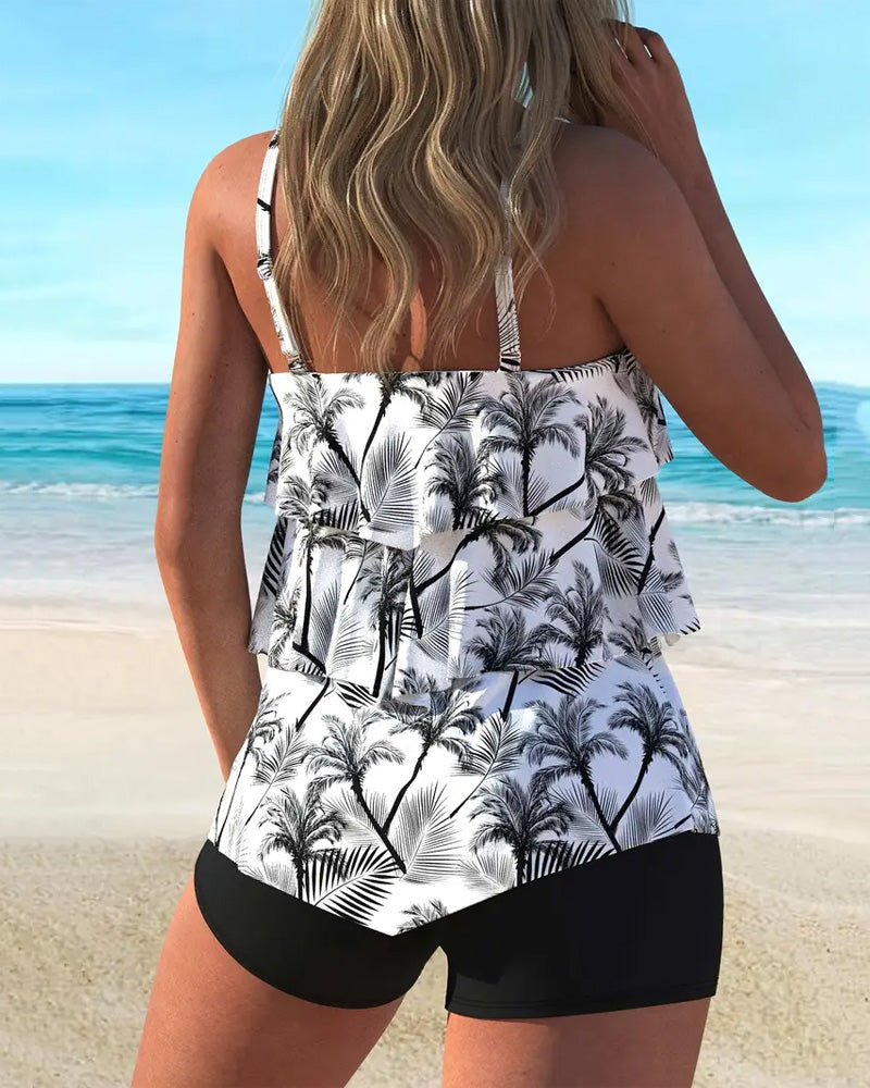 Fashionable Suspender Print Two-Piece Tankini