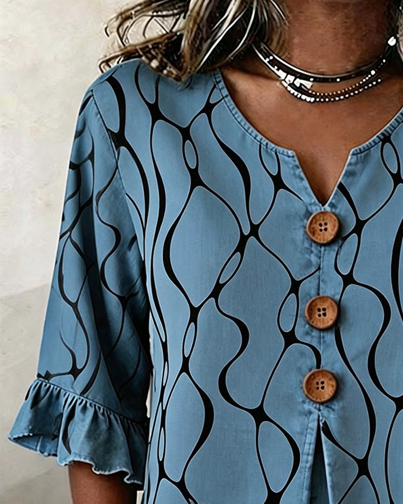 Abstract Line Three-Button Ruffle Sleeve Blouse