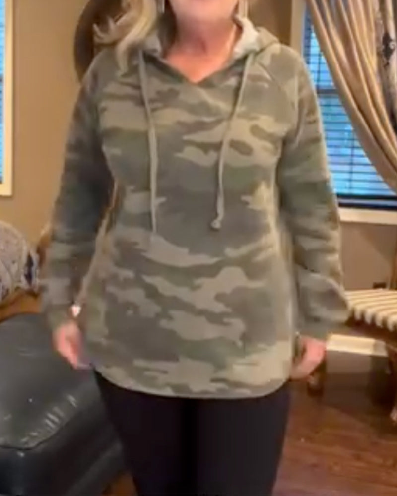Camo Drawstring Loose Sweatshirt Hoodie